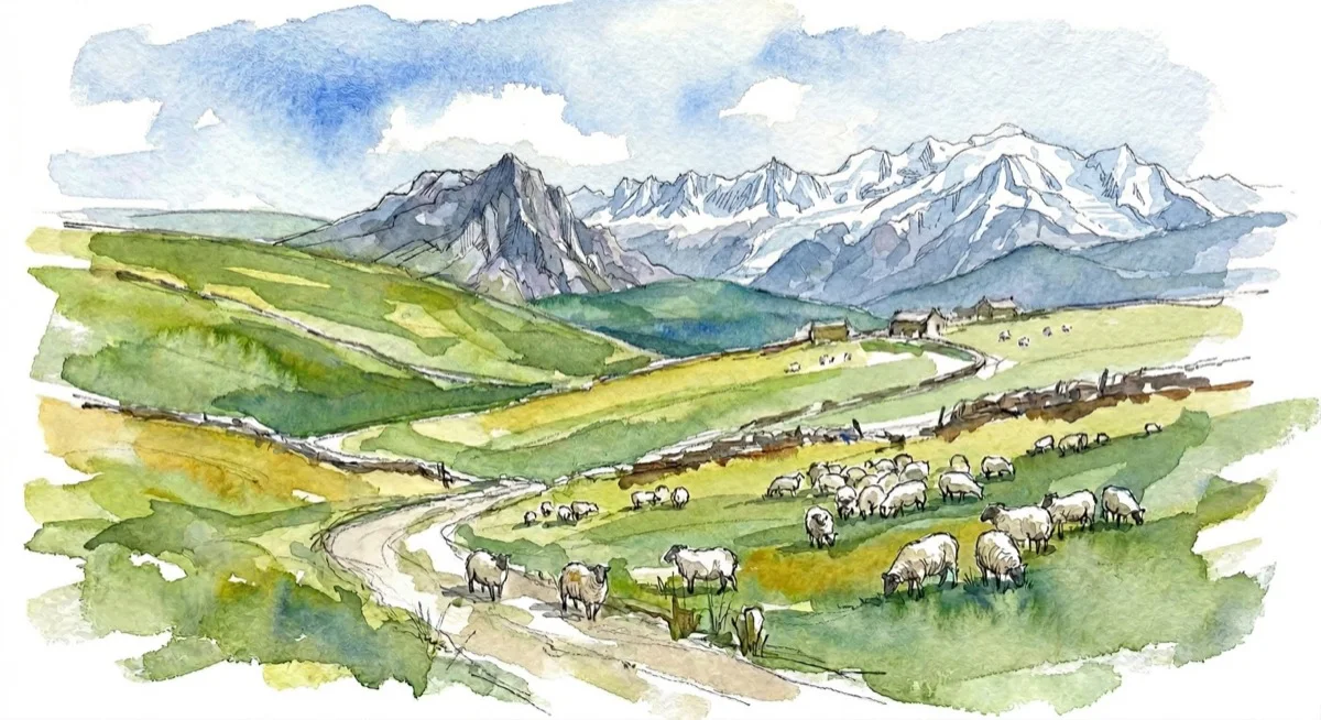 Watercolor Alpine landscape with sheep, winding path, and distant huts.